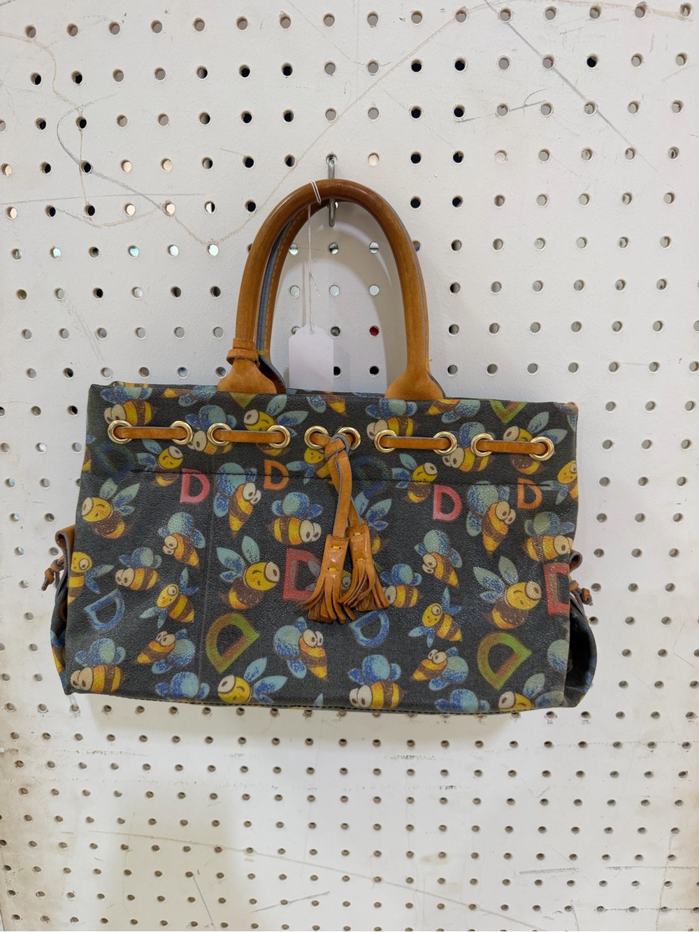 VTG Dooney & Bourke Bee Print Medium Satchel Top Handle Snap Tassel Bag w/charm.